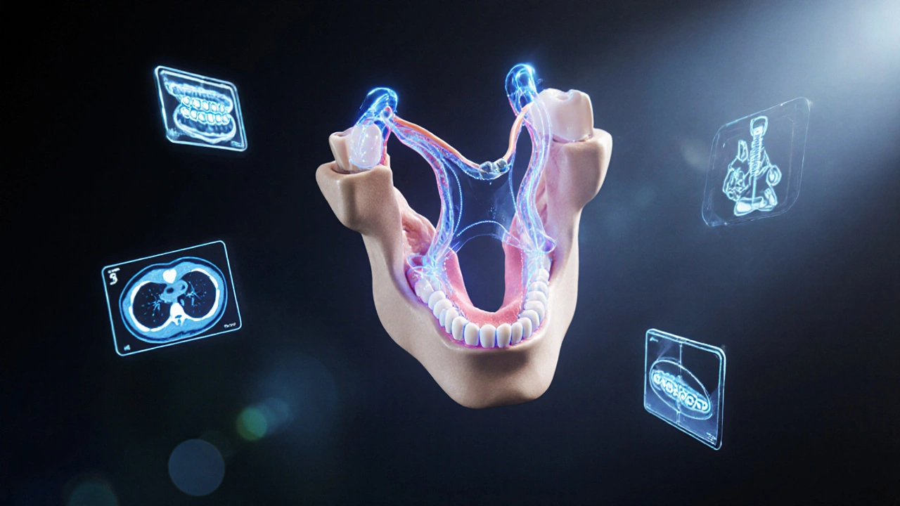 3D model čelistí v průběhu chirurgického přesunu s digitálními náznaky plánování a ortodontických prvků.