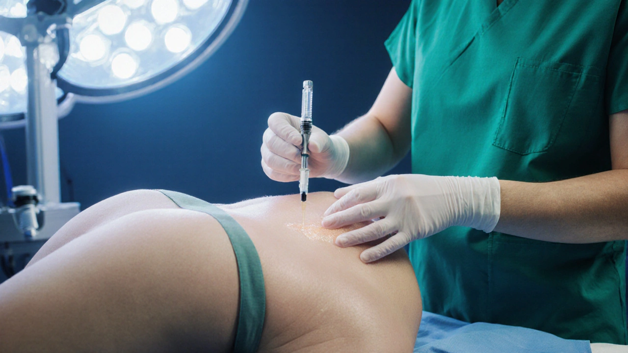 Chirurg provádí BBL operaci, přenos tuku do hýždí na operačním stole.