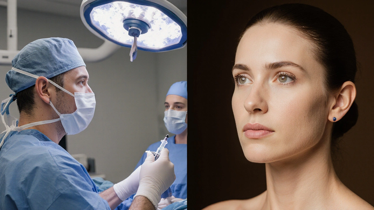 Chirurg provádí facelift, vedle zobrazení hladké kontury tváře po zákroku.