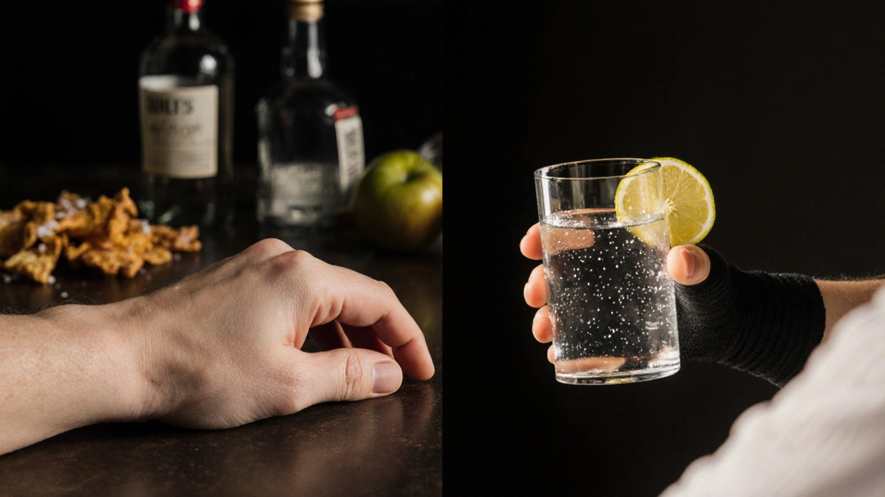 Dvě verze ruky: jedna otoklá s nezdravými potravinami, druhá zdravě zvládaná.