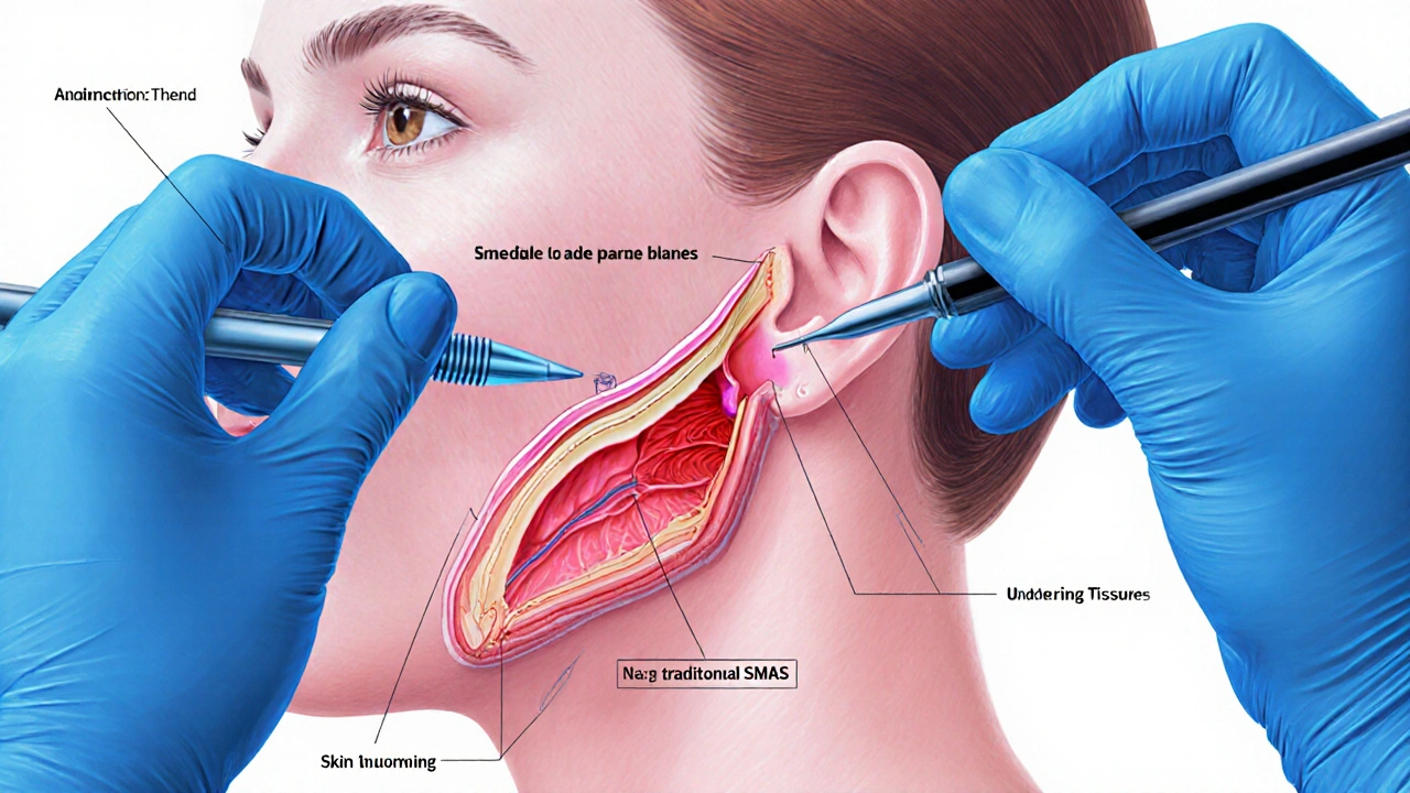 Ilustrace chirurgových rukou provádějících tradiční facelift s viditelnou řezovou linií.
