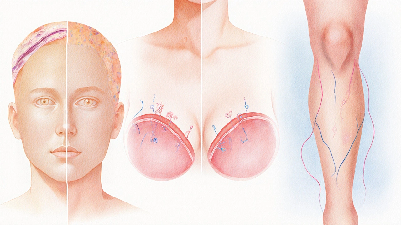 Ilustrace těla ukazující postupné vstřebávání různých stehů během několika týdnů.