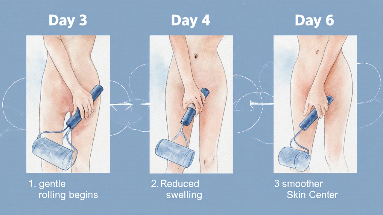 Ilustrace tří fází hojení po liposukci: začátek, pokrok a výsledek válečkování.