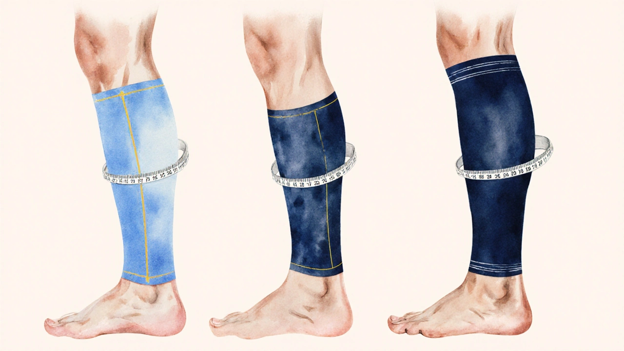 Ilustrace ukazuje tři úrovně komprese na noze s barevnými vrstvami tlaku.