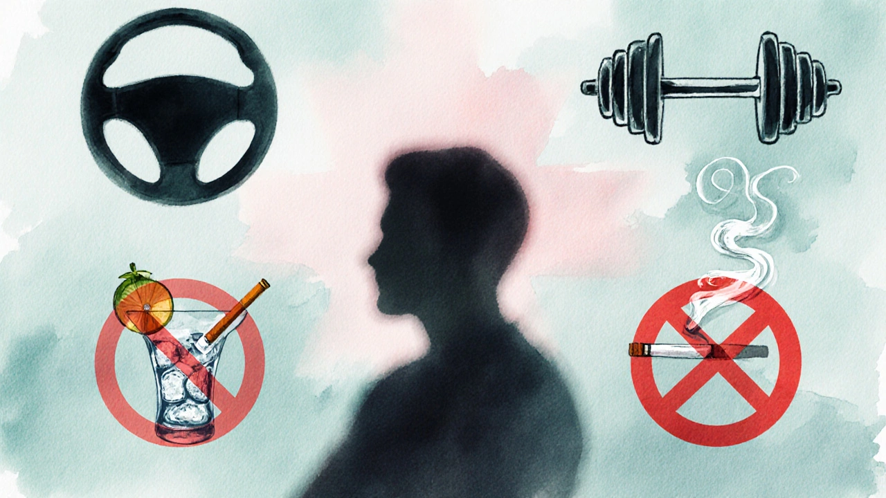 Koláž zakázaných činností po narkóze: volant, činky, alkohol a cigareta přeškrtnuty.