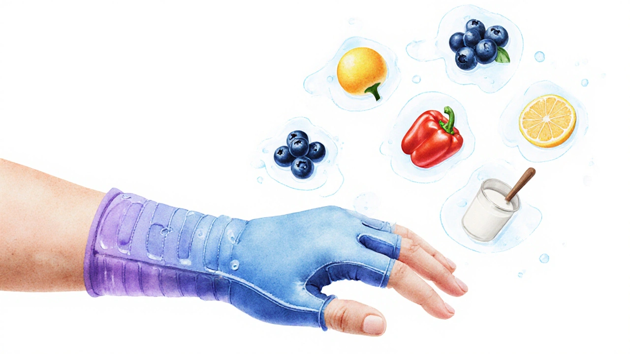 Komprese ruky s výživovými prvky symbolizujícími úlevu od otoků.