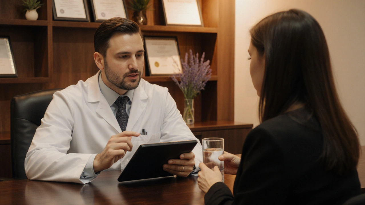 Konzultace v pražské klinice, doktor a pacientka diskutují o liftování pleti.