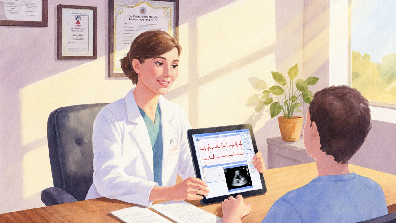 Lékař a pacient u stolu, prohlížejí laboratorní výsledky, EKG a ultrazvuk ruky.