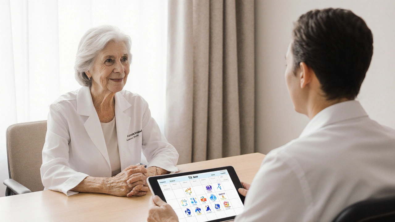 Lékař a pacientka starší 50 let probírají operaci břicha a 12‑týdenní plán.