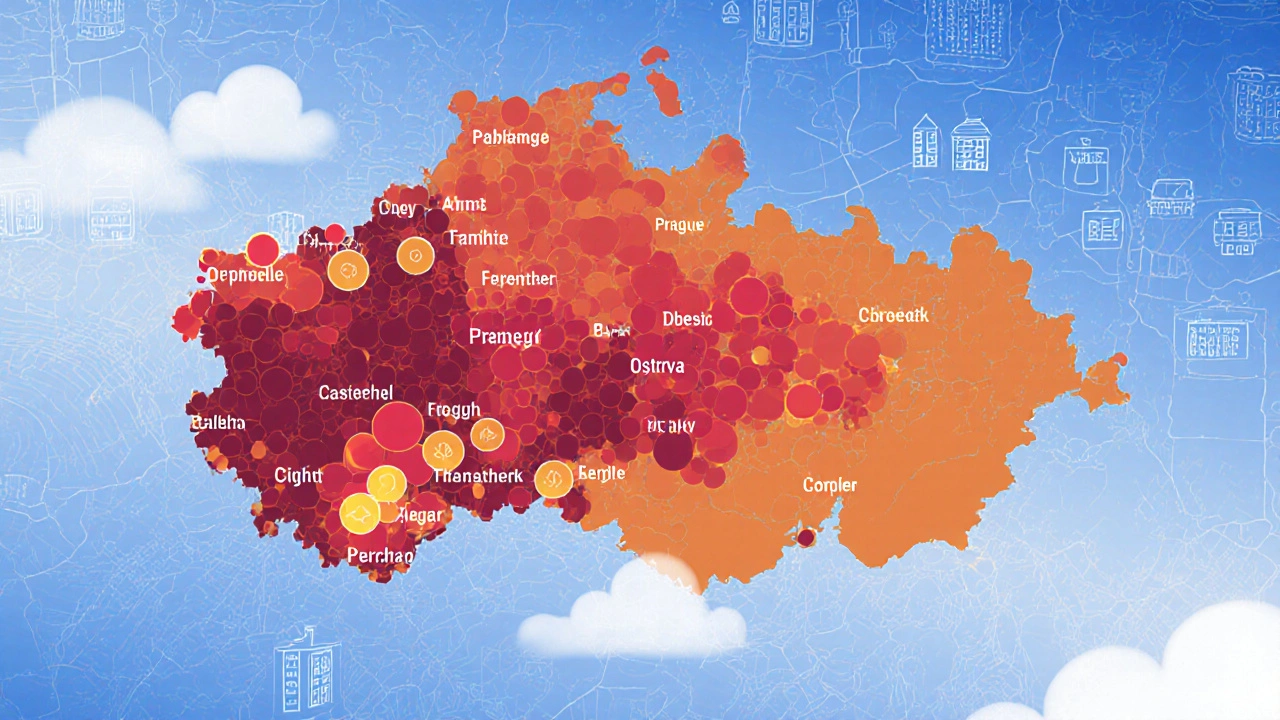 Mapa ČR s barevnými body představujícími ceny BBL v Praze, Brně a menších městech.