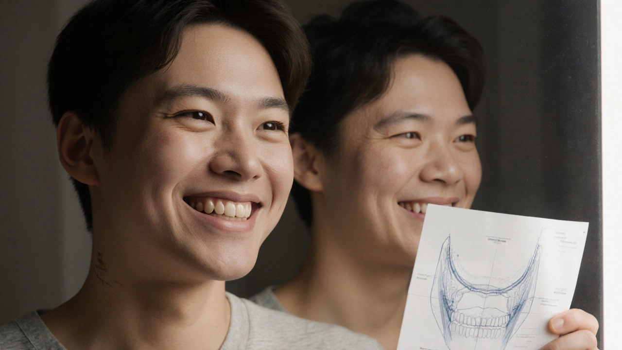 Mladý člověk se smíchem před zrcadlem, obličej po operaci, v odrazu viditelný dřívější tvar.