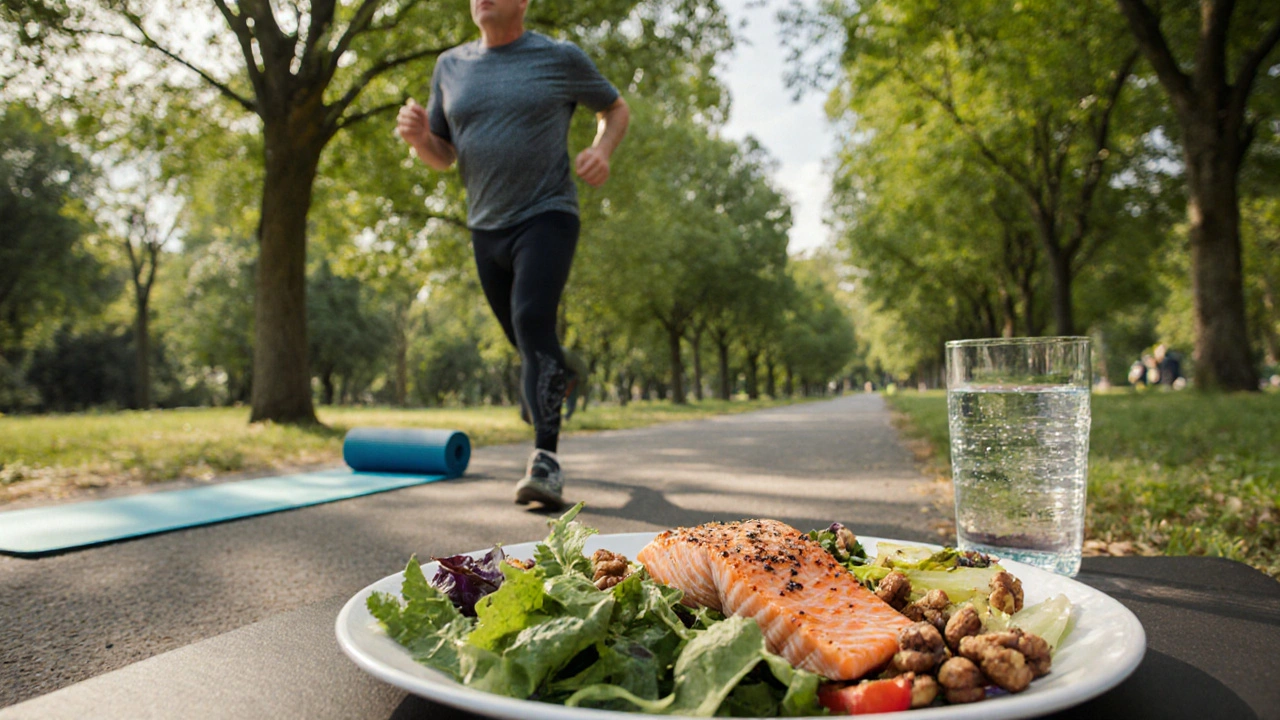 Muž středního věku při rychlé chůzi, vedle zdravého talíře a cvičebního plánu.