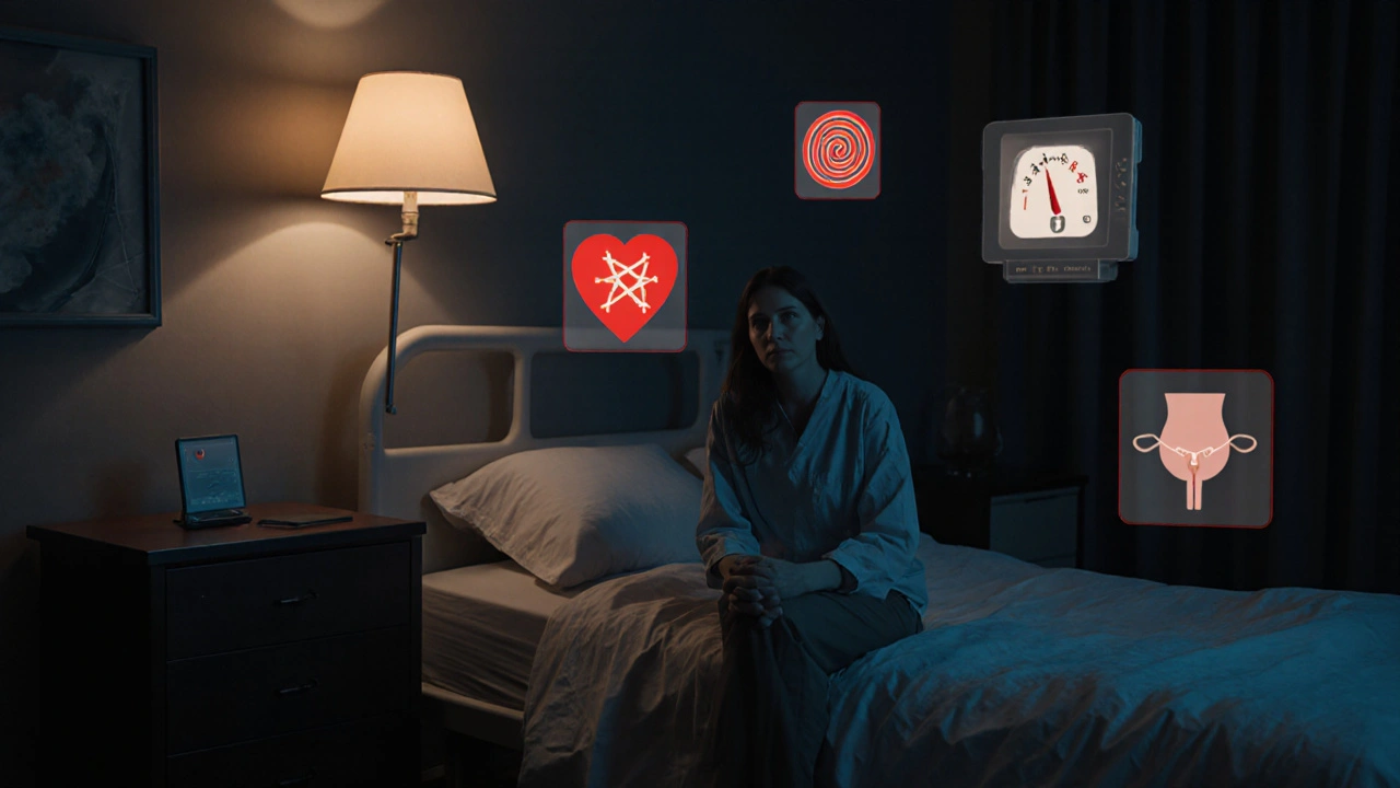 Pacient v temné místnosti, kolem něj plovají symboly infekce, cukru, srdce, krvácení a těhotenství.