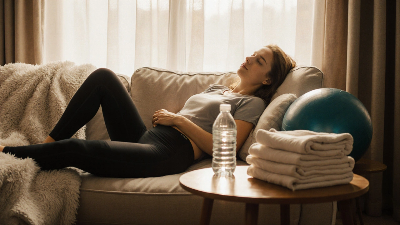 Pooperační pacientka v kompresních kalhotách, odpočívá doma, obklopena rehabilitačními pomůckami.