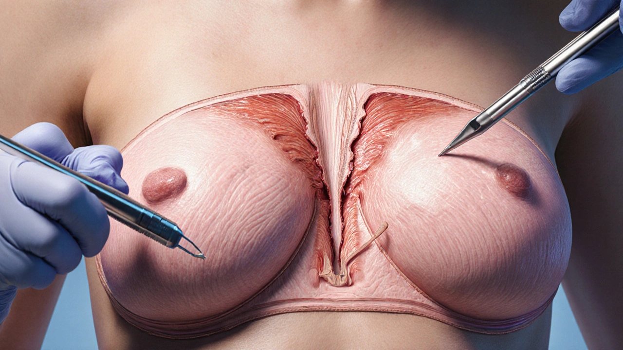 Průřez prsní tkáně během operace zmenšení, viditelné chirurgické řezy a odstranění přebytku tkáně.