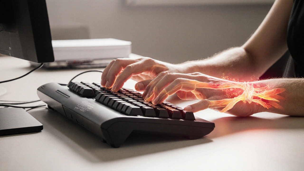 Ruce při psaní na klávesnici s viditelnou otokovou oblastí v karpálním tunelu.