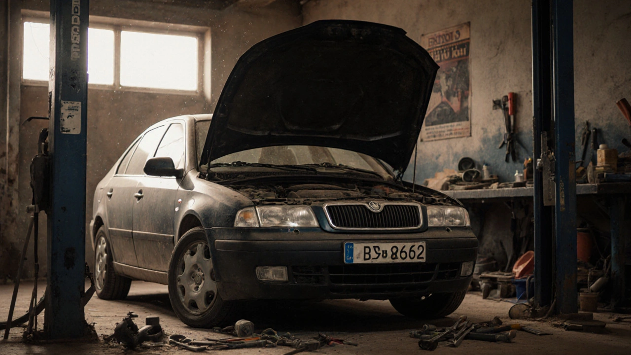 Skoda Octavia 1 s faceliftem v dílně s otevřeným motorem a nářadím.