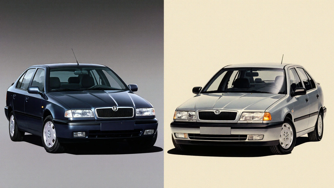 Srovnání před- a po-facelift verze Skoda Octavia 1 s rozdíly v designu přední části.