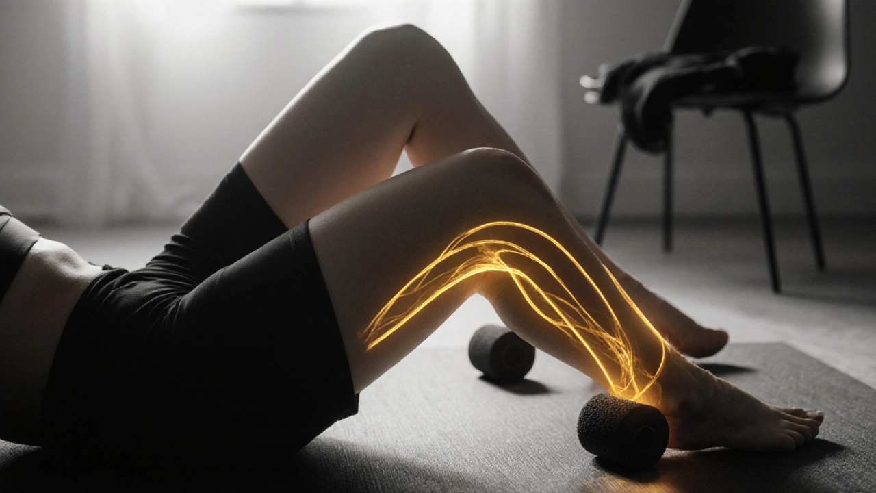 Válečkování stehna s vizualizací lymfatického odtoku, kompresní oděv na židli.