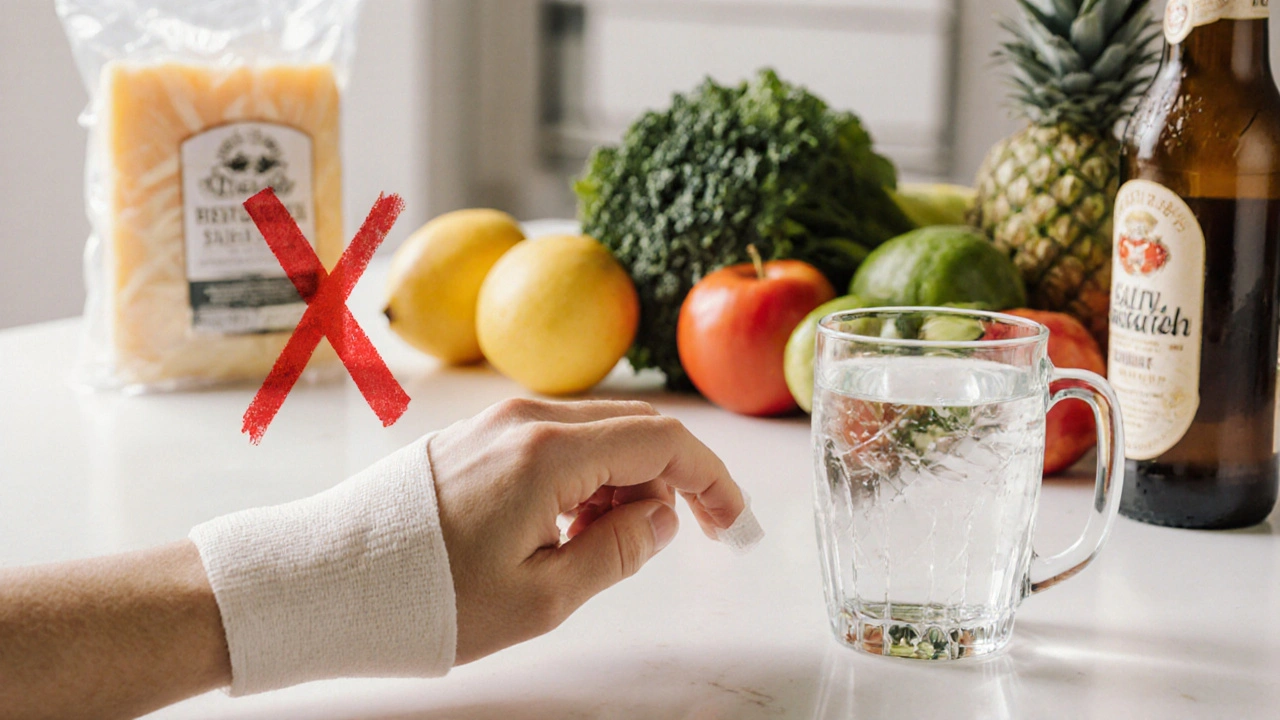 Zdravá strava a hydratace vedle operované ruky, s vyloučením slaného jídla a alkoholu.