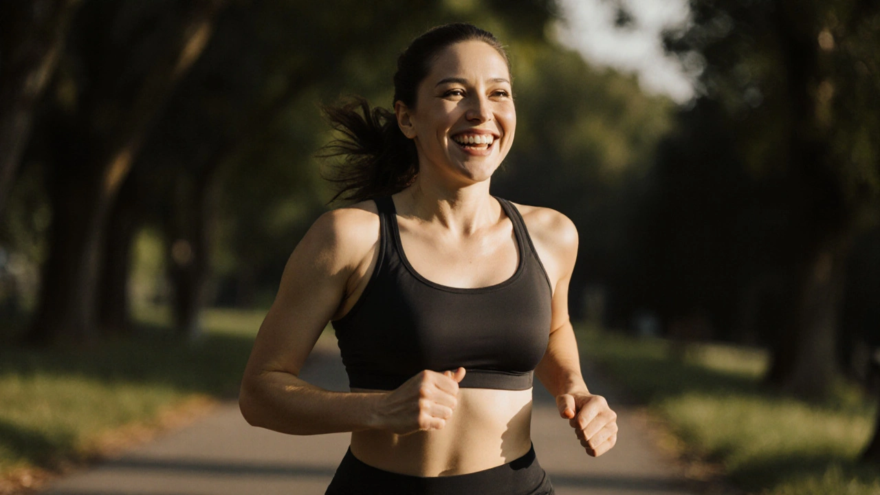 Žena běží venku v sportovním oblečení, vypadá volně a šťastně, slunce osvětluje cestu kolem ní.