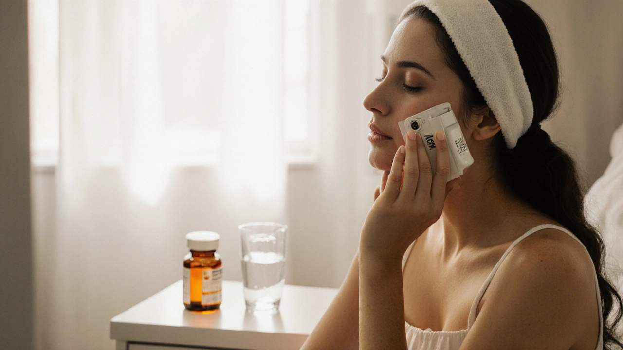 Žena jemně čistí a zakrývá operovanou ránu, dbejíce na suchost a péči.