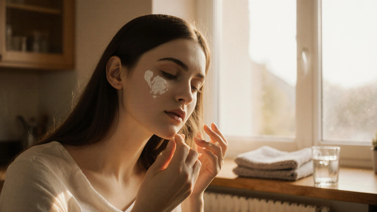 Žena pečující o ošetřenou oblast tváře po zákroku.