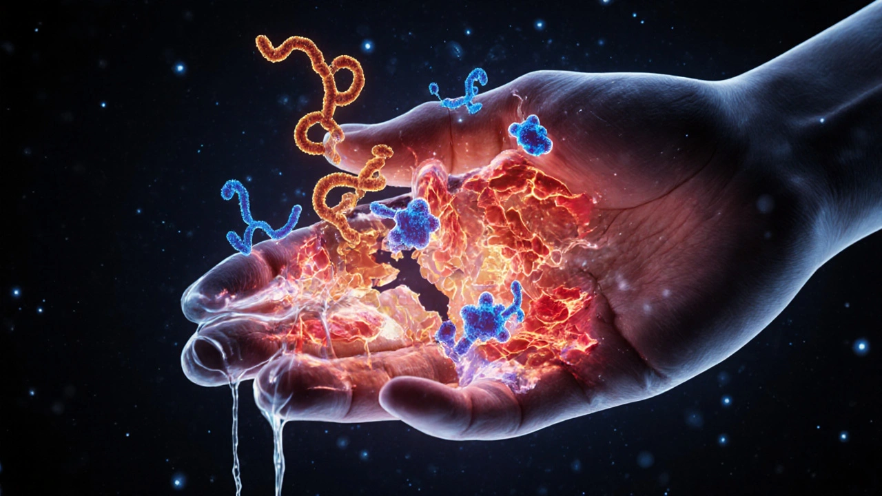 Abstraktní znázornění enzymů rozkládajících zánětlivé bílkoviny v tkáních poškozené ruky.