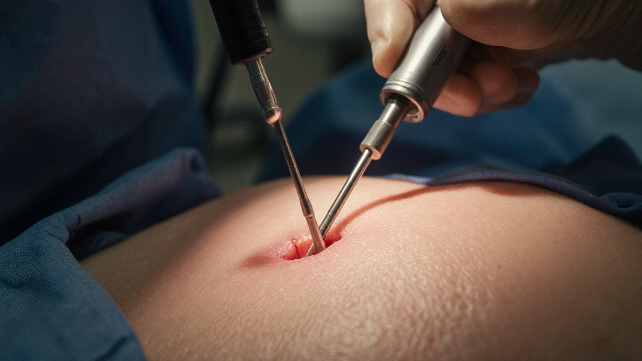 Chirurg odstraňuje tuk pomocí tenké kanýly během liposukce.