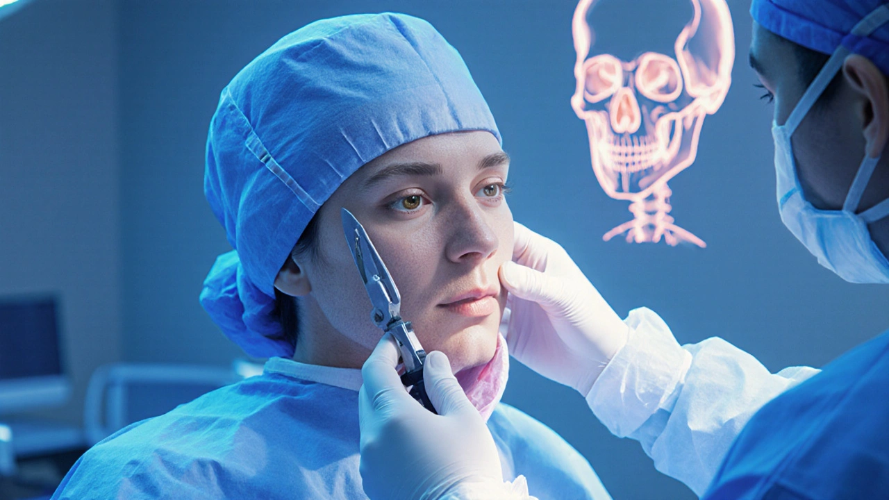 Chirurg provádí faceliftní zákrok v operačním sále pod sterilními světly.