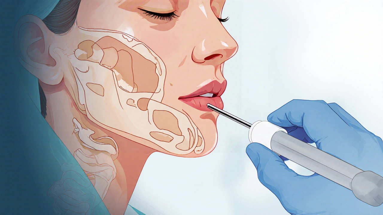 Chirurg provádí liposukci pod bradou pomocí tenké trubičky, s vyznačenými anatomickými strukturami obličeje.