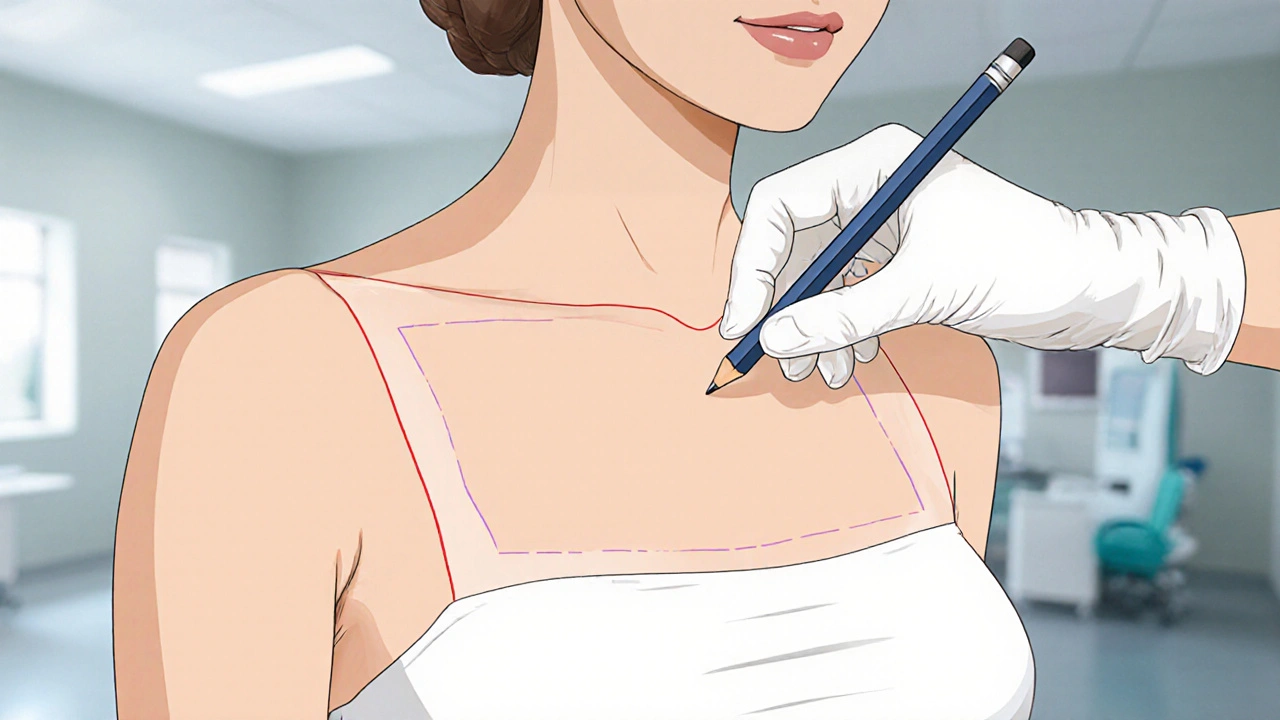 Chirurg značí oblast na hrudi, kde nesmí být žádné vlasy pro operaci.