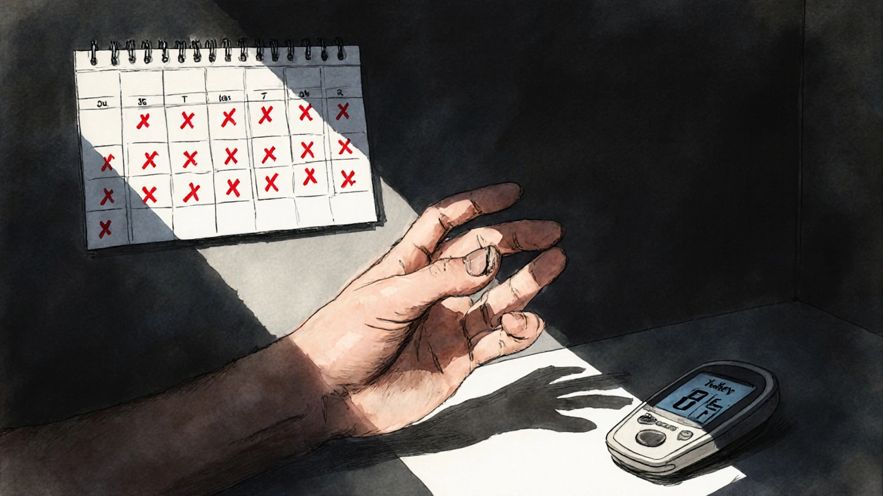 Diabetik pečlivě prohlíží malý prasklinu na prstu, vedle něj je monitor hladiny cukru.