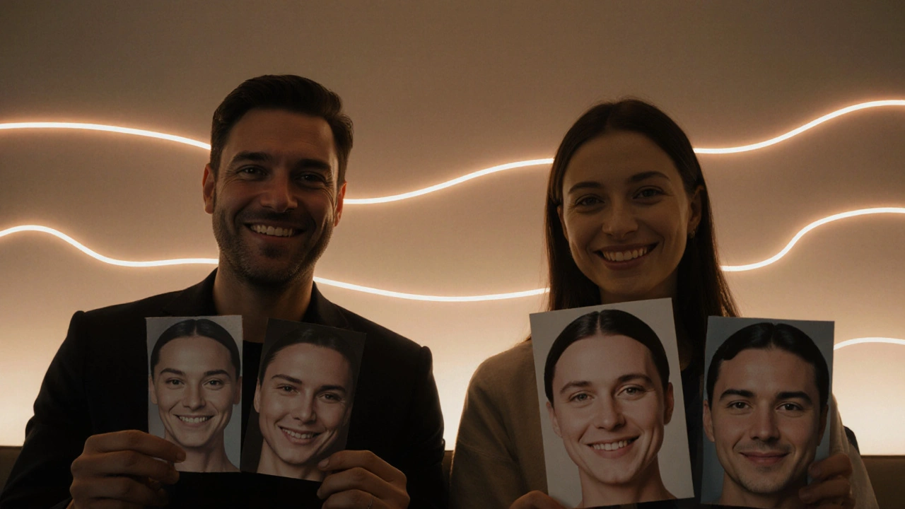 Dva pacienti v klinice s fotkami před a po, vyjadřující sebedůvěru.