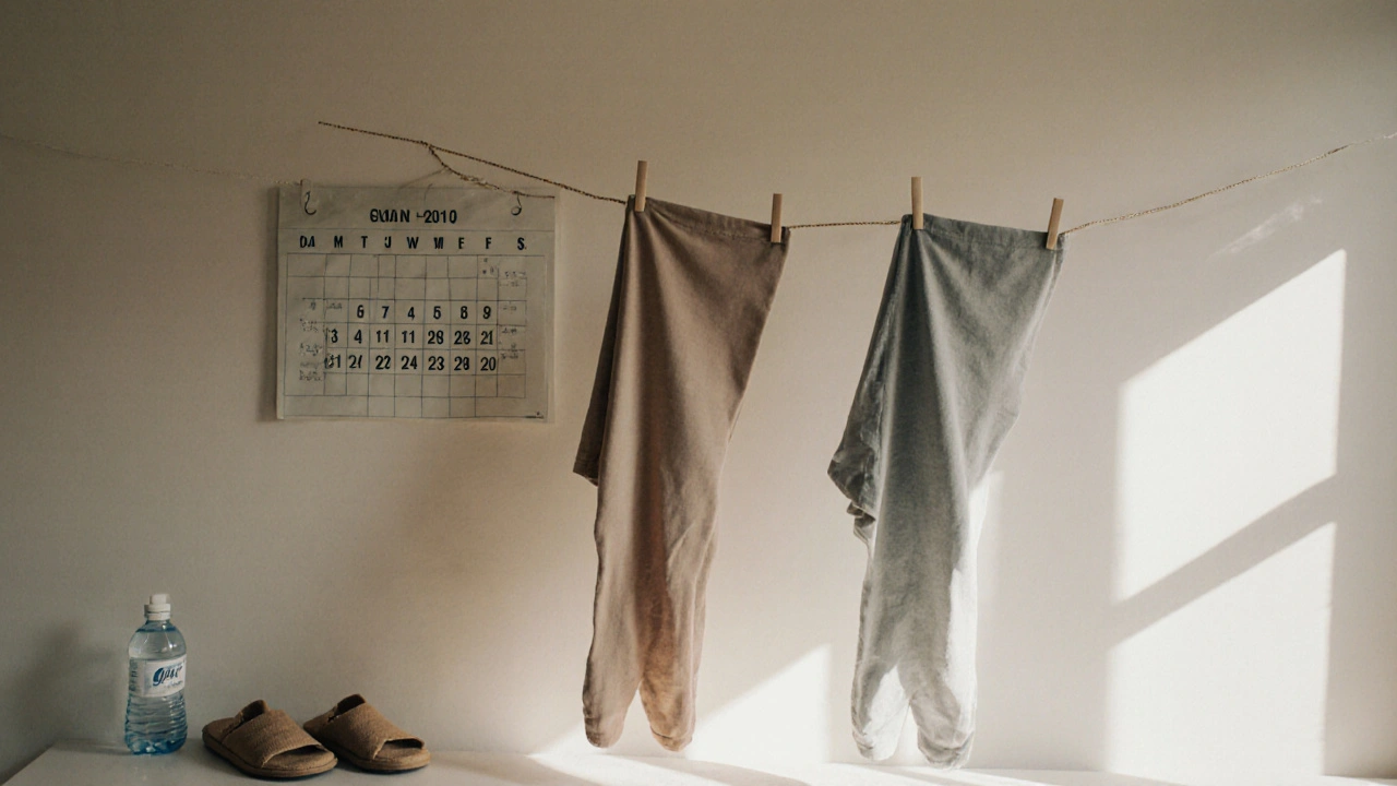 Dvě páry kompresních punčoch na šňůře, jedna použitá, jedna nová.