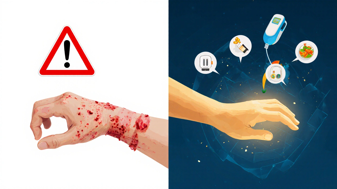 Dvě strany obrázku: poškozená ruka s příznaky infekce a zdravá ruka v obnově.