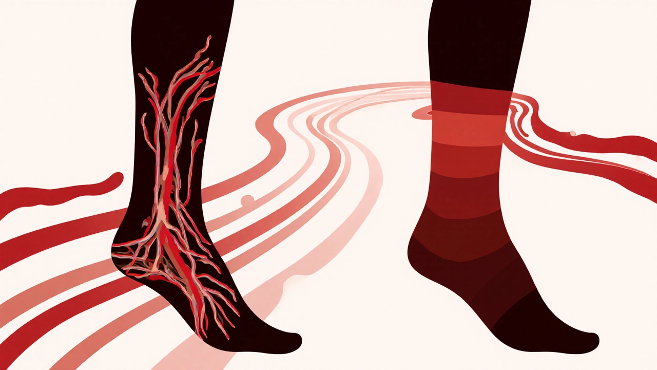 Ilustrace proudění krve v nohou s a bez kompresních ponožek.