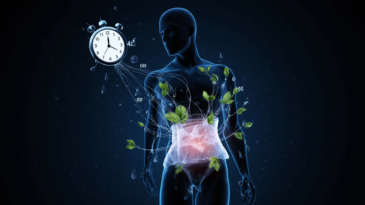 Koncepční obrázek těla s vlákny spojujícími břicho s časovou osou hojení, kompresní obvaz a znaky regenerace.