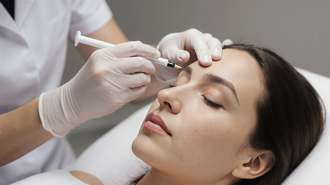 Lékař aplikuje Botox u vnějšího koutku oka v klidné klinice.