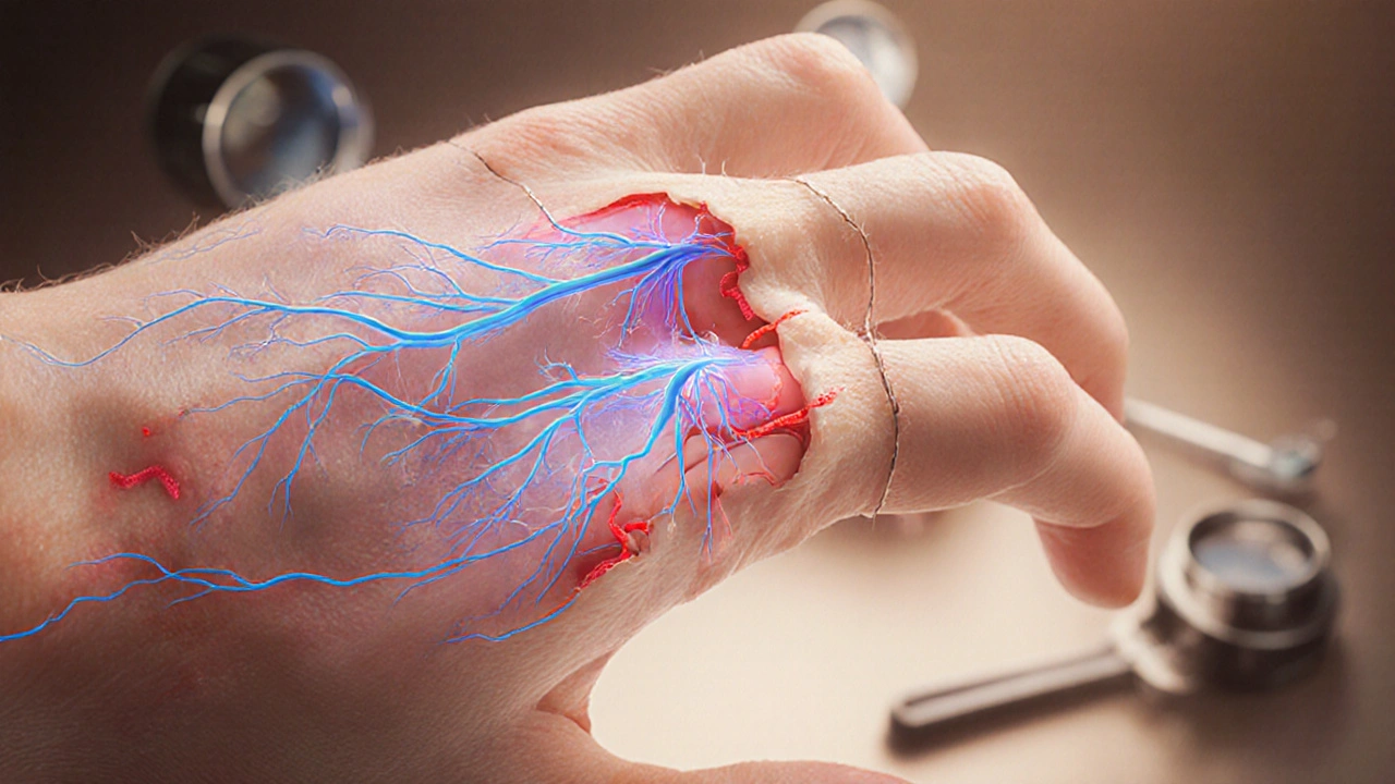 Mikroskopický pohled na jemné švy nervů a cév při přesazování prstu.