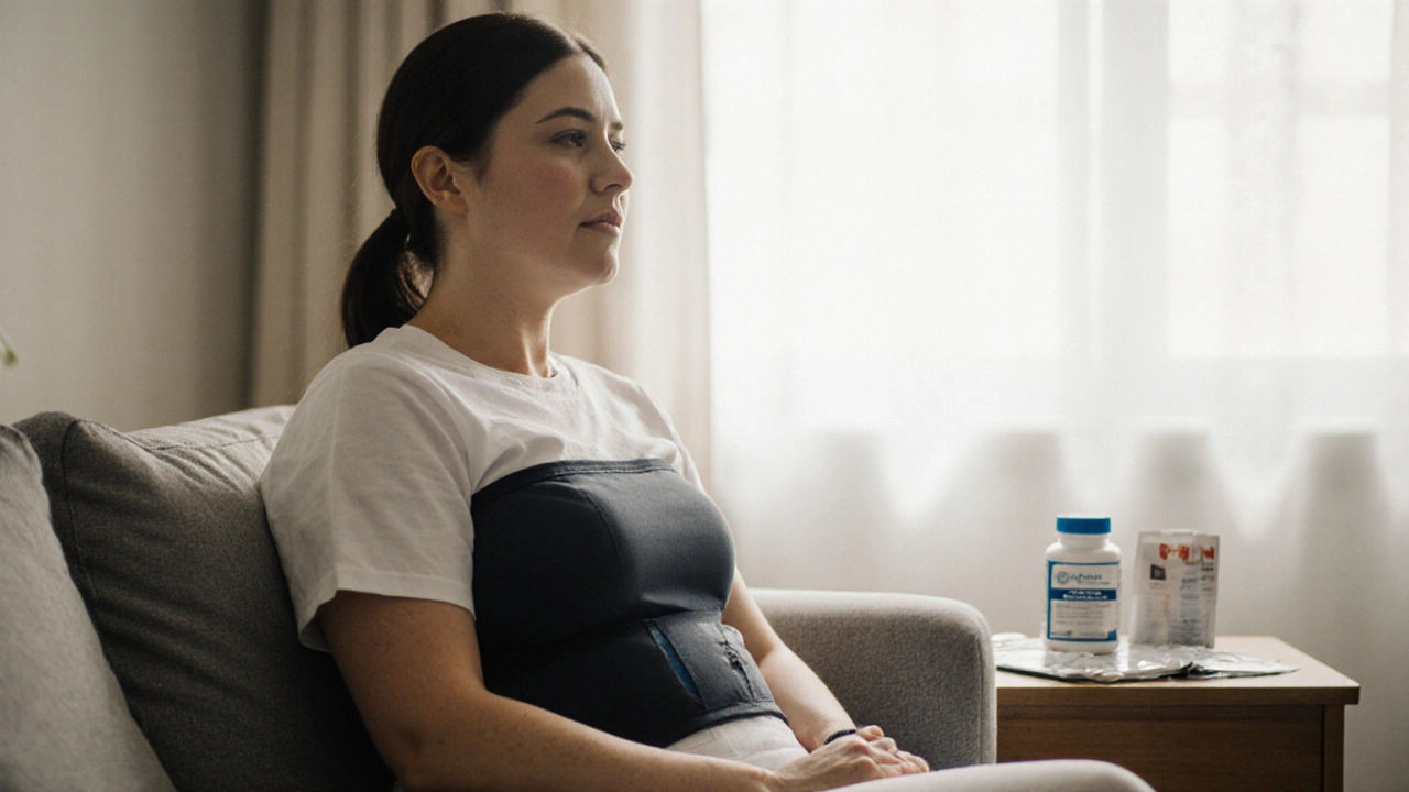 Pacient po operaci v kompresním oděvu s mírným otokem.