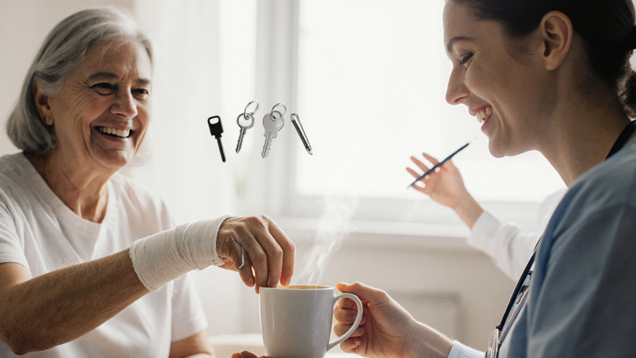 Pacient se dotýká šálku kávy po operaci ruky, plný naděje a úlevy.