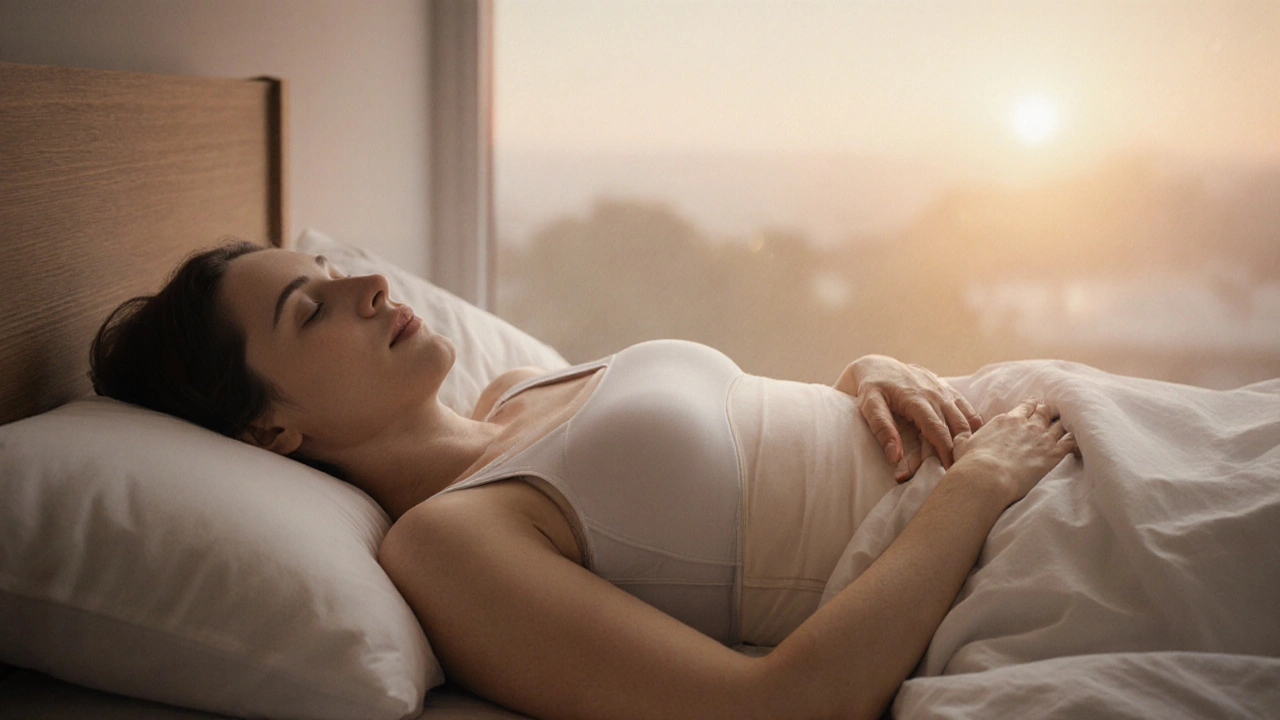 Pacient spí na boku s polštářem mezi nohama, stále nosí kompresní oděv, klidná noční atmosféra.