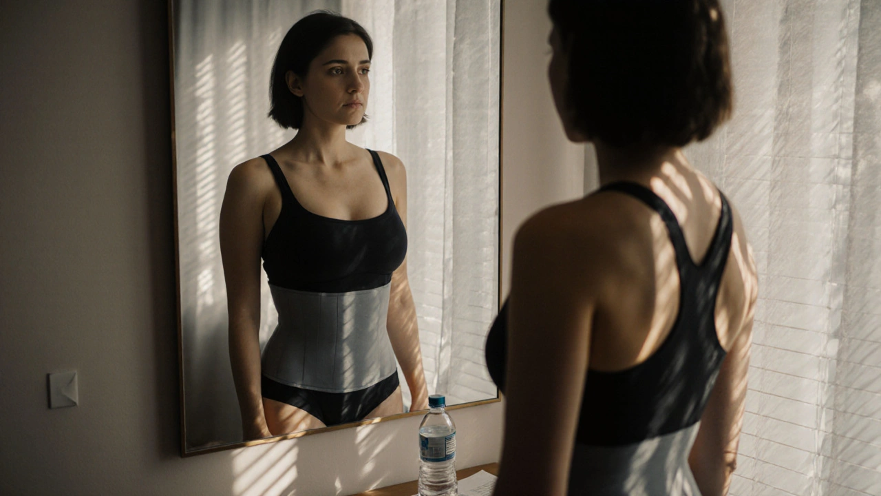 Pacientka v kompresním oděvu se dívá do zrcadla a vidí změny po operaci.