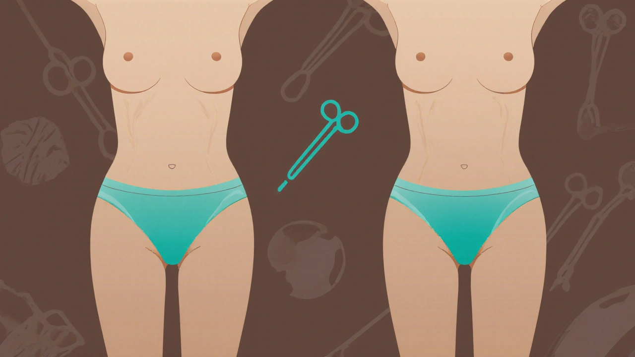 Porovnání před a po liposukci břicha s vykreslenými oblastmi odstraněného tuku.