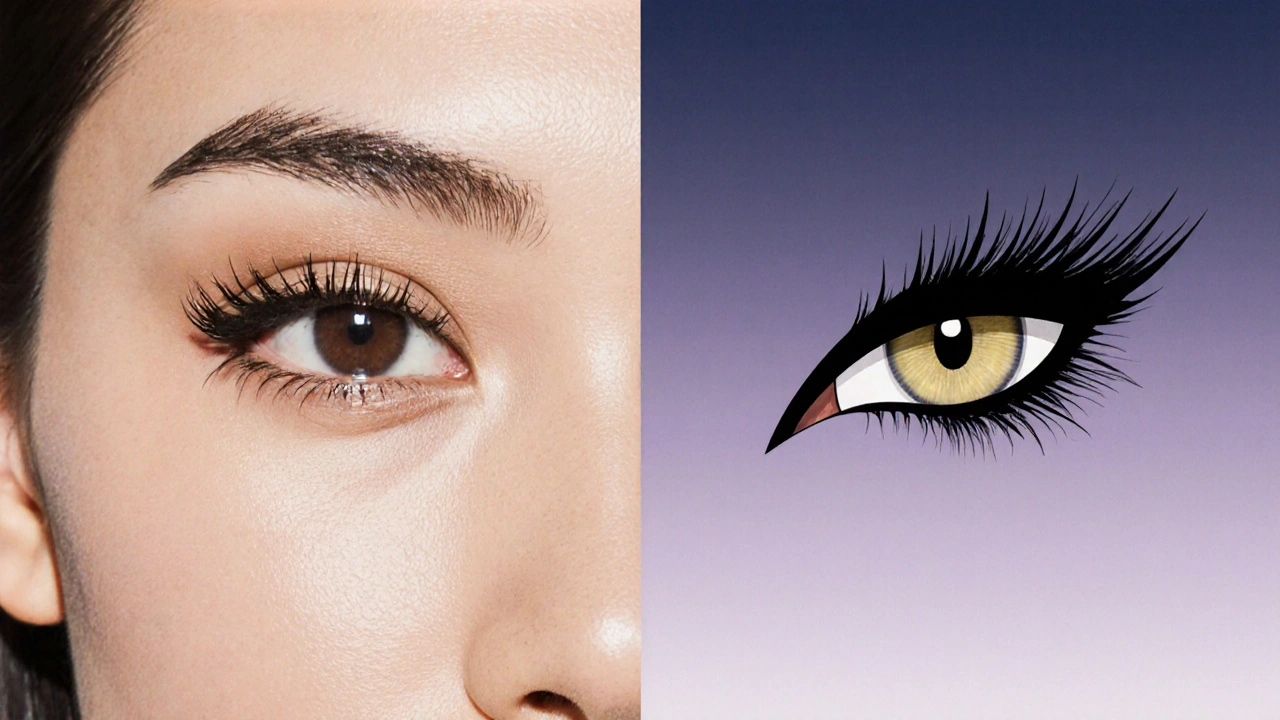 Porovnání přirozených fox eyes a dramatických cat eyes v jedné scéně.