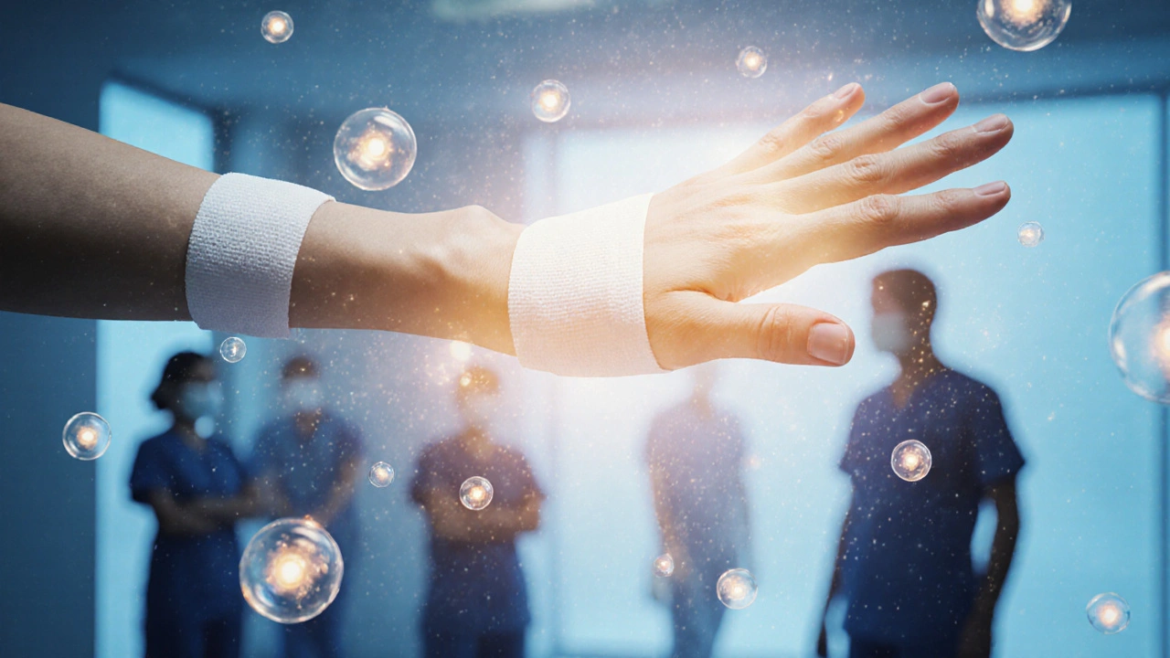 Poutavá ruka v bandáži obklopená světelnými koulemi, symbolizujícími dýchání a bezpečnou péči.