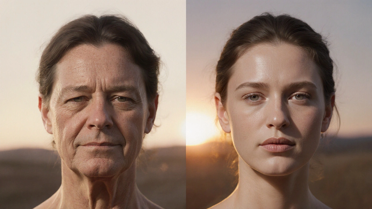 Přirozená transformace obličeje od unaveného výrazu k obnově s výraznější čelistí a napnutou pokožkou.