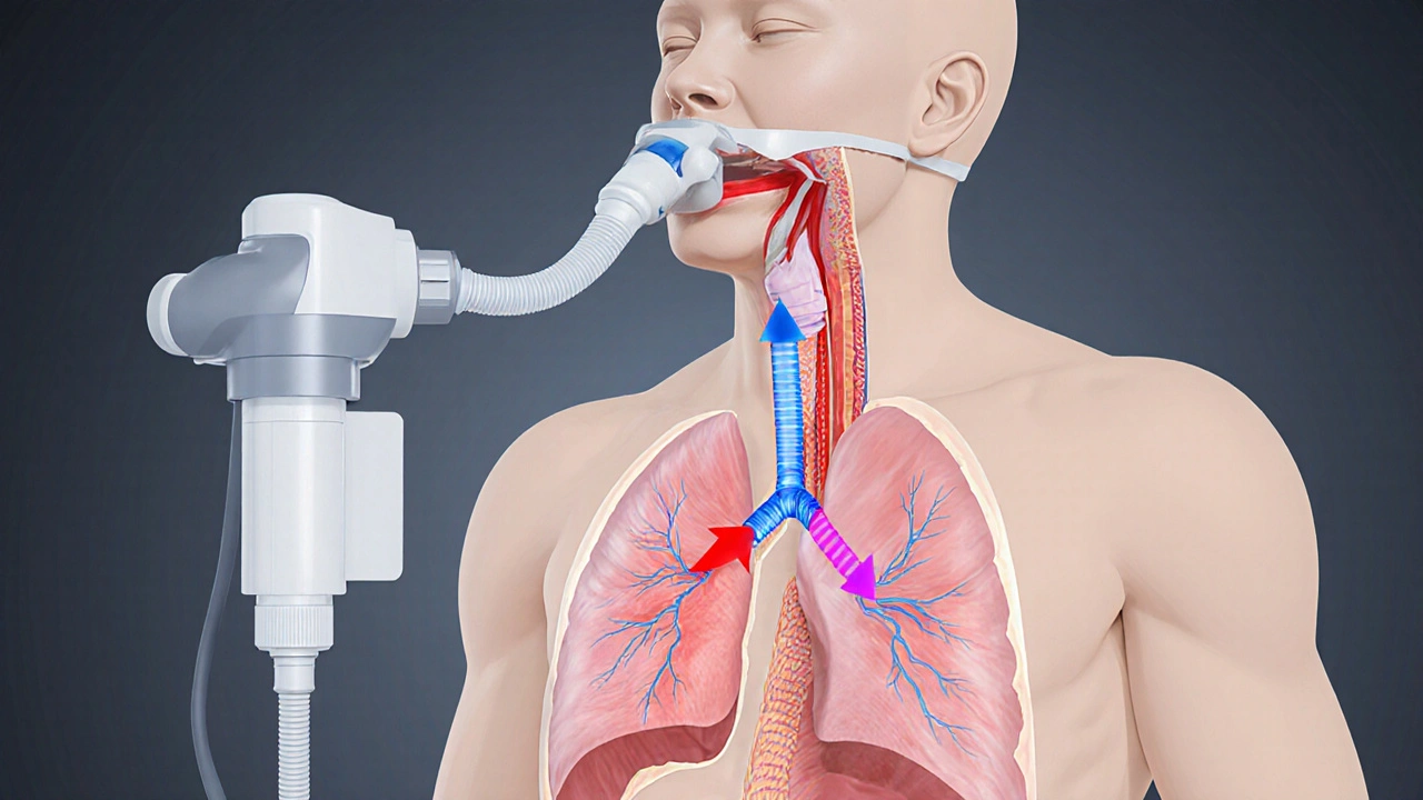 Průřez hrtanu a plic během narkózy s laryngeální maskou a prouděním plynu do plic.