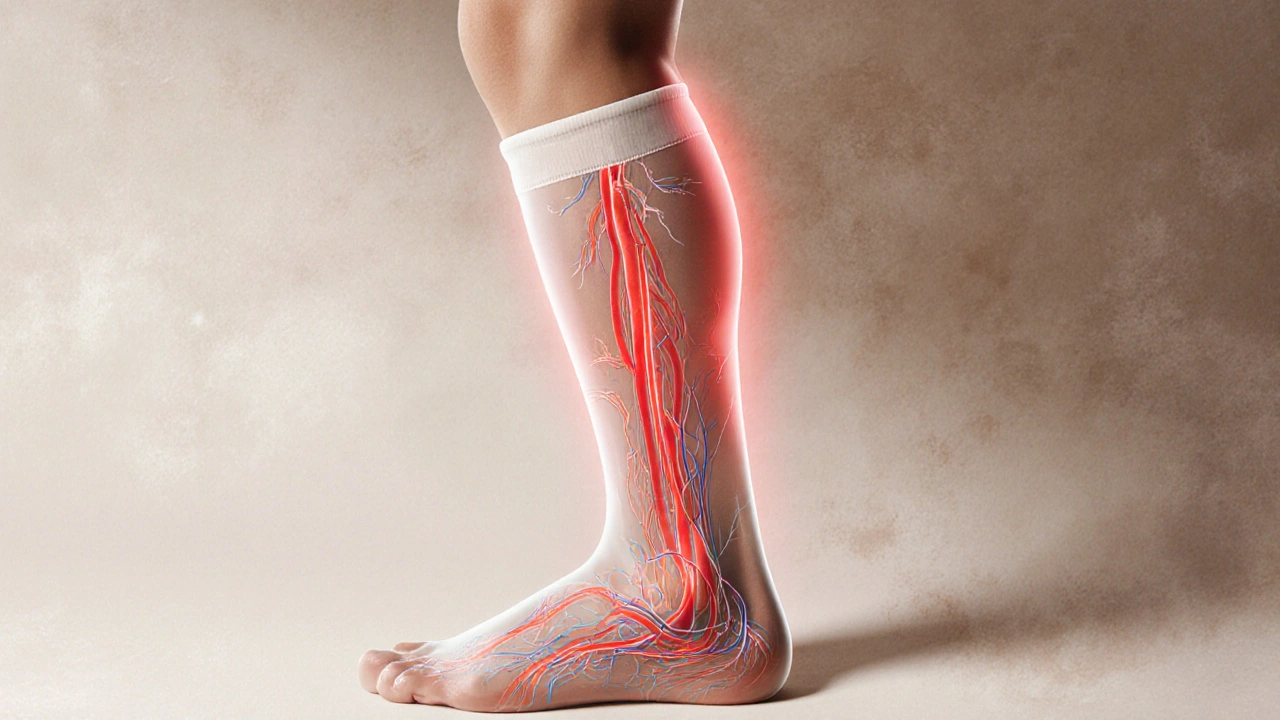 Průřez nohou s viditelným krevním oběhem pod kompresní punčochou.